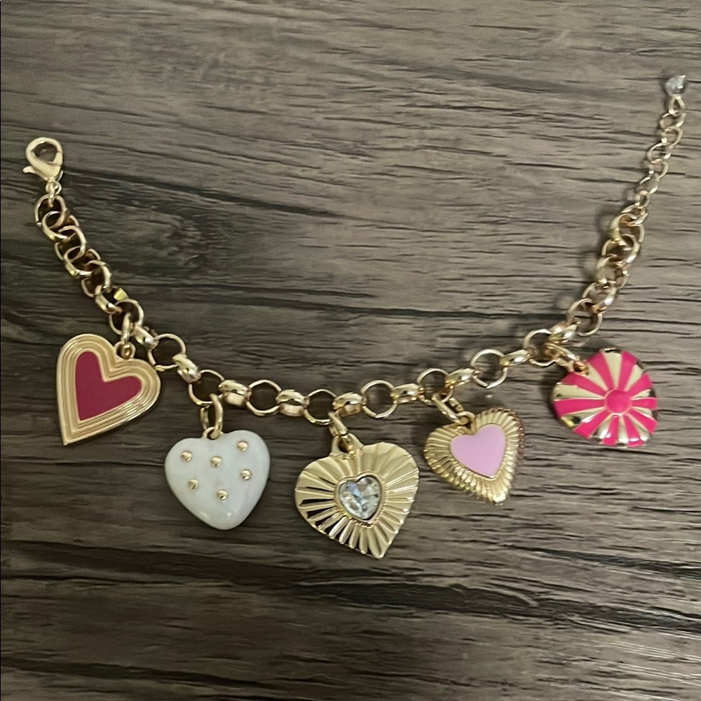 Gold Heart Charm Bracelet with Pink Accents